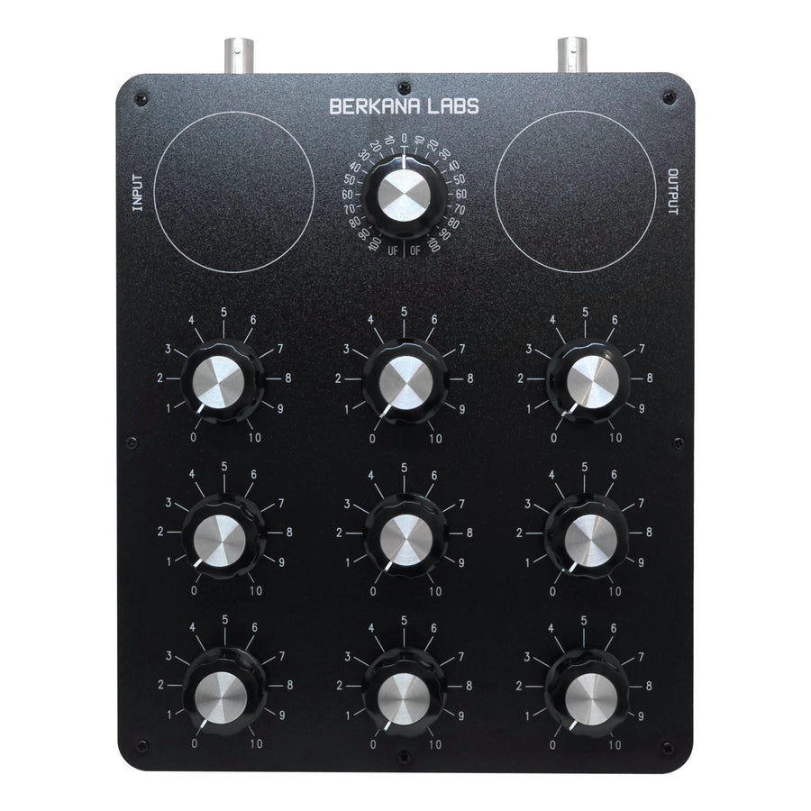 A professional 9 Dial Radionic Instrument by Berkana Labs, featuring nine base-10 tuning dials and a specialised function dial for advanced radionics machine analysis.
