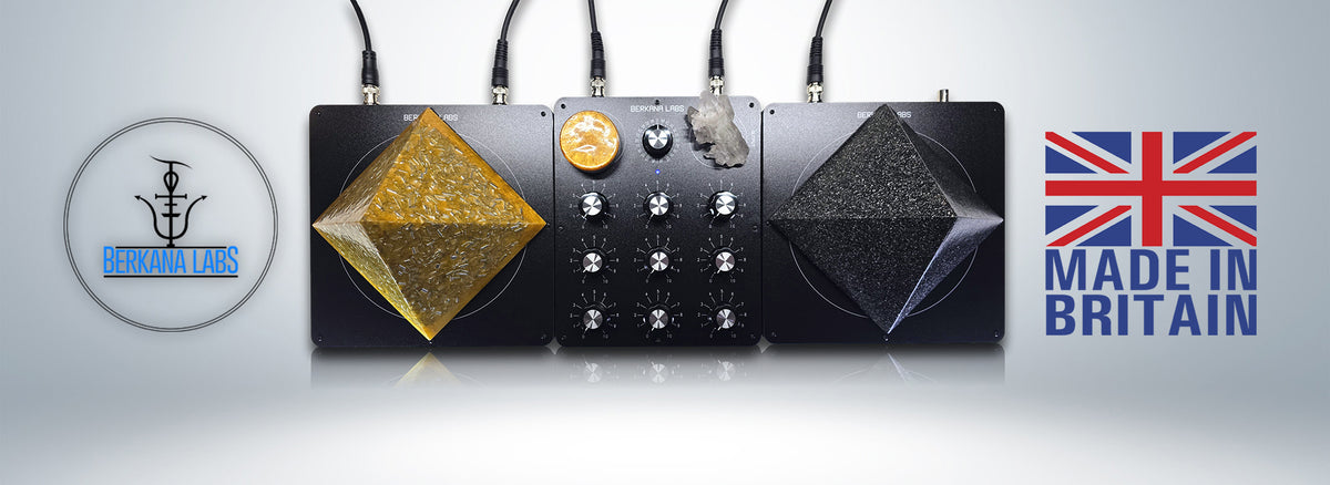 A professional radionics setup featuring the 9 Dial Radionic Instrument expanded with two XL Radionic Extension Plates holding large orgonite pyramids. Ideal for bulk imprinting and large-scale agricultural radionic treatments.